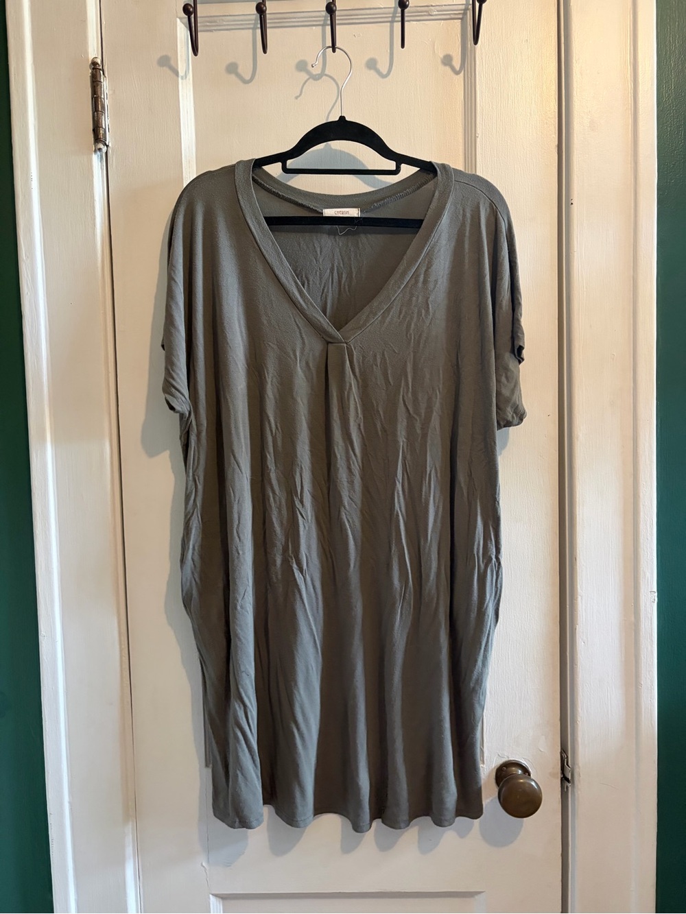 Flowy V-Neck Tunic Dress in Olive Green